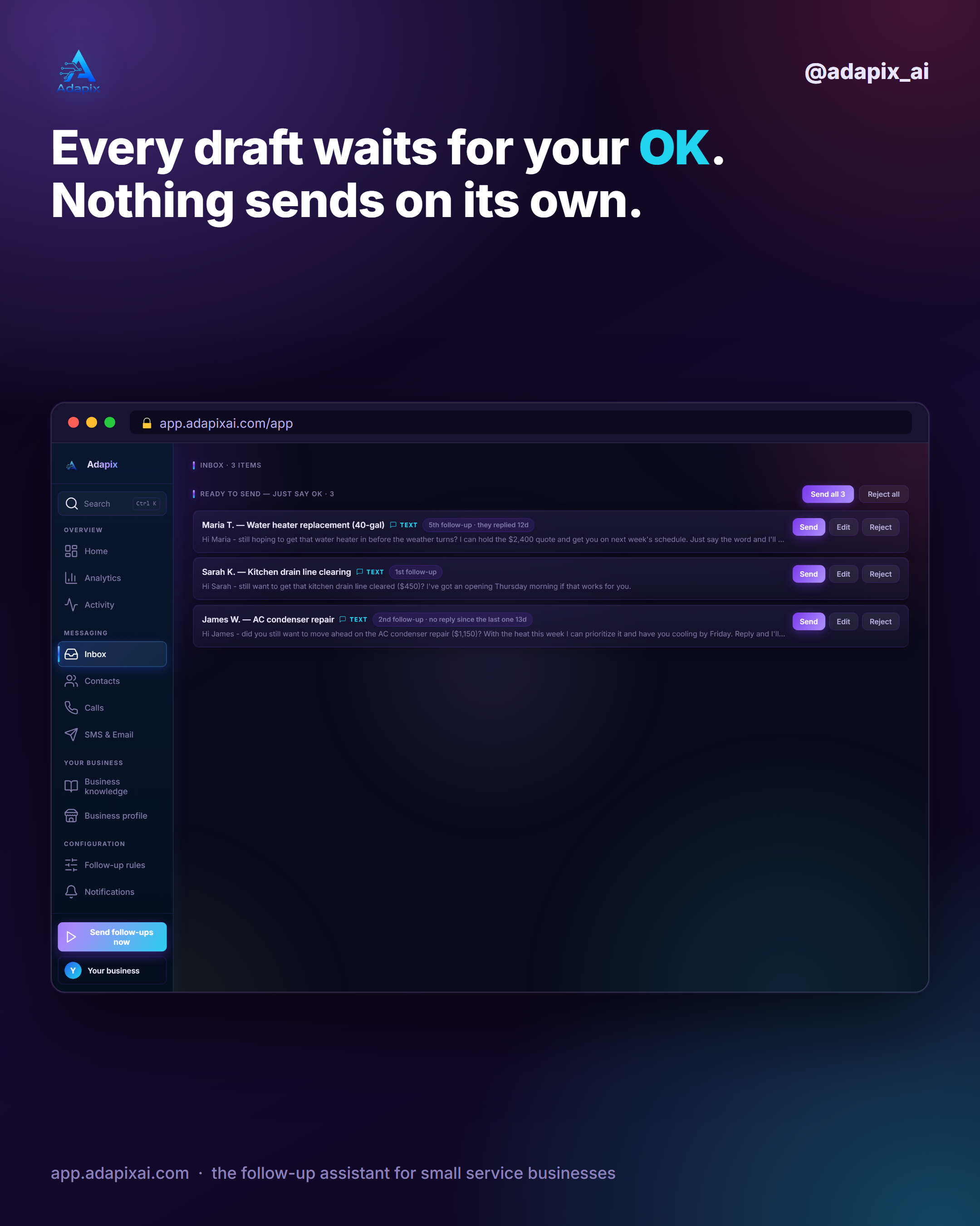 The Adapix inbox: a drafted follow-up waiting for your approval