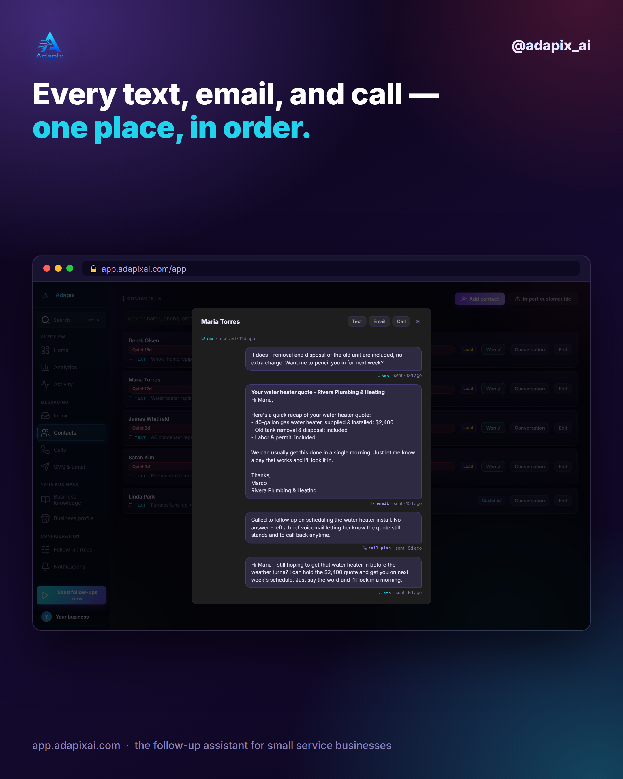 A contact's full history: every text, email and call in one timeline